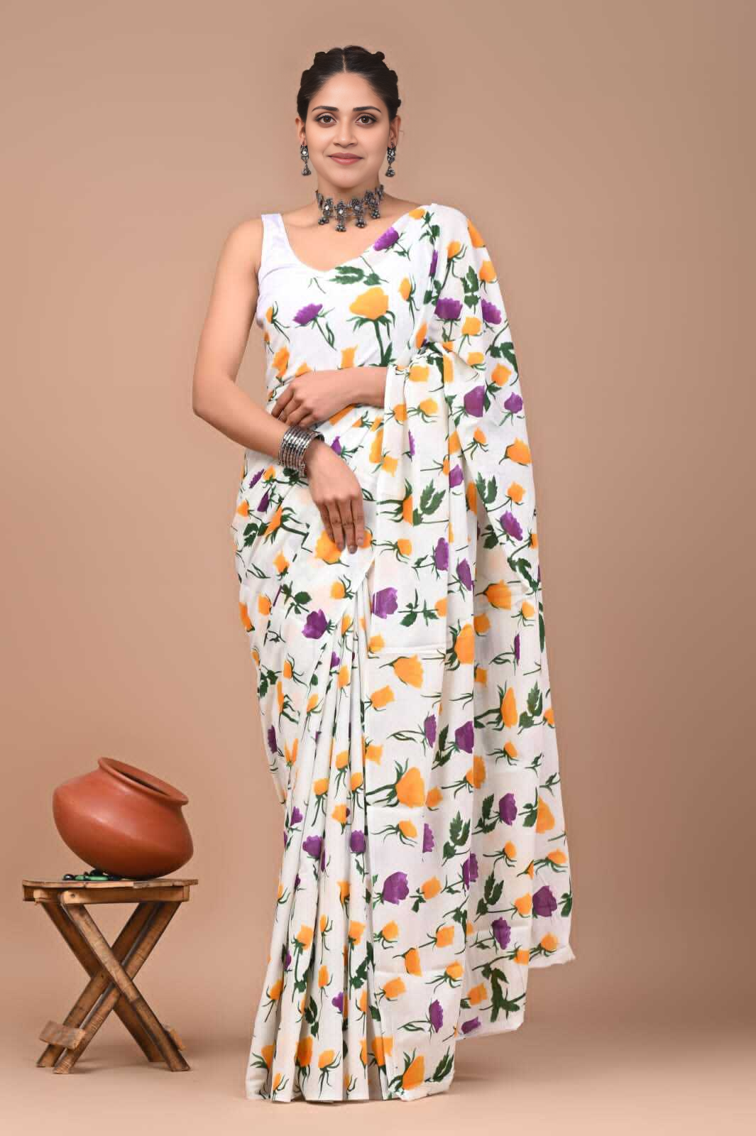 Floral Printed White Cotton Saree