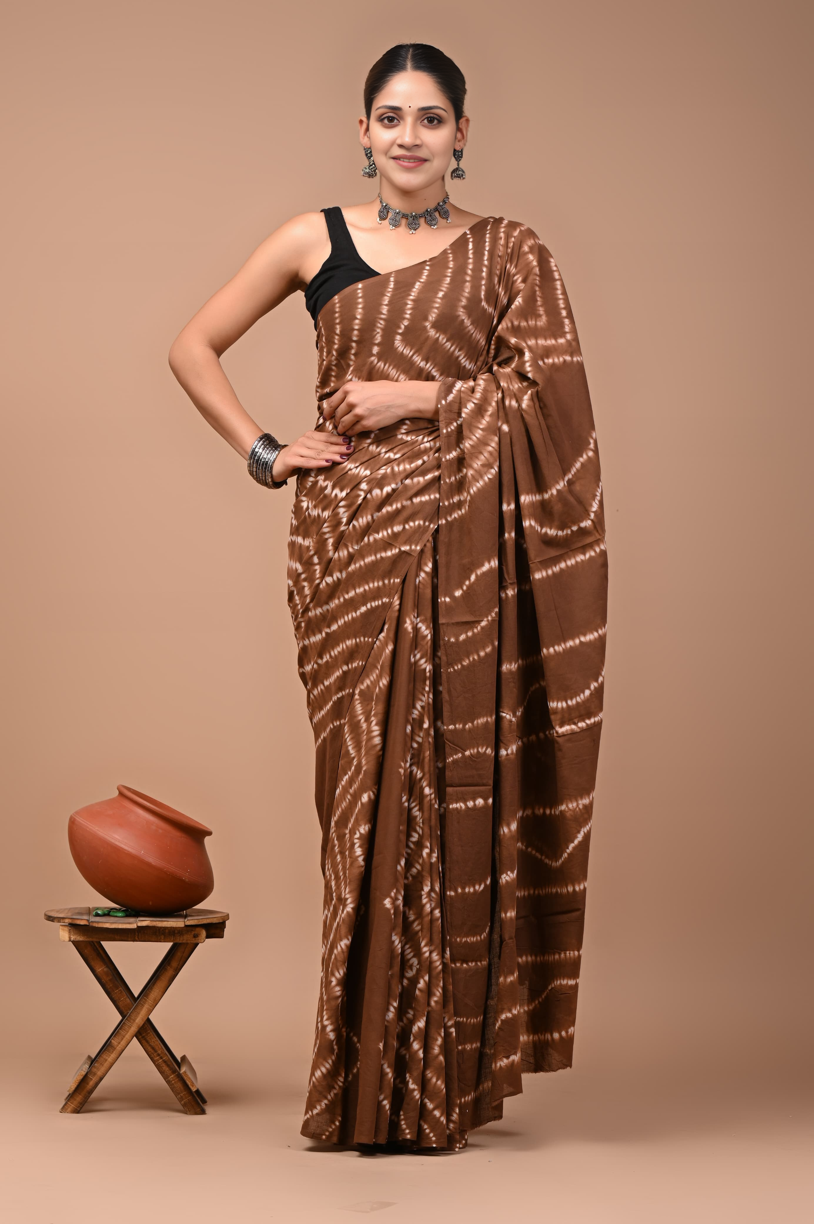 Brown Tie-Dye Handcrafted premium cotton Saree