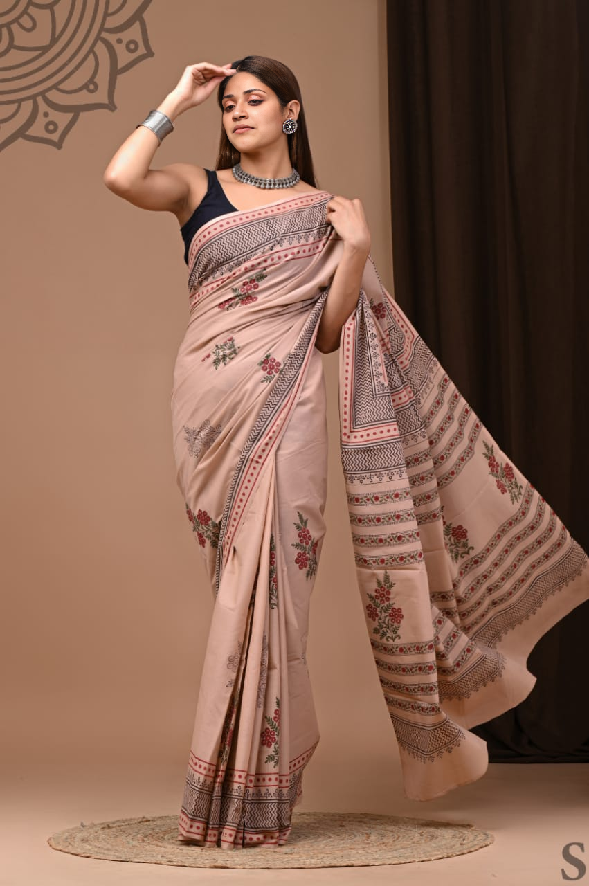 Elegant Beige Printed Handcrafted premium cotton Saree