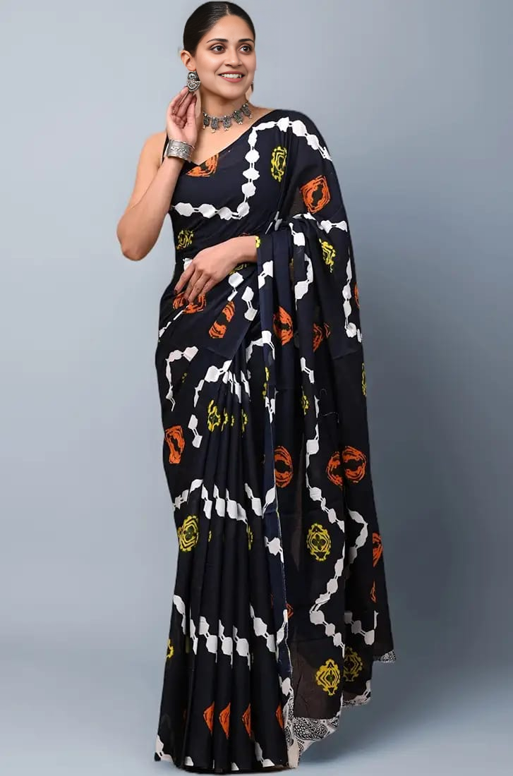 Elegant Black Printed Cotton Saree