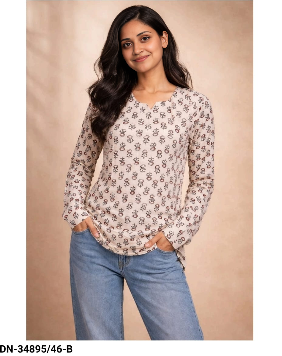 Printed Beige Long Sleeve Cotton Short Kurti