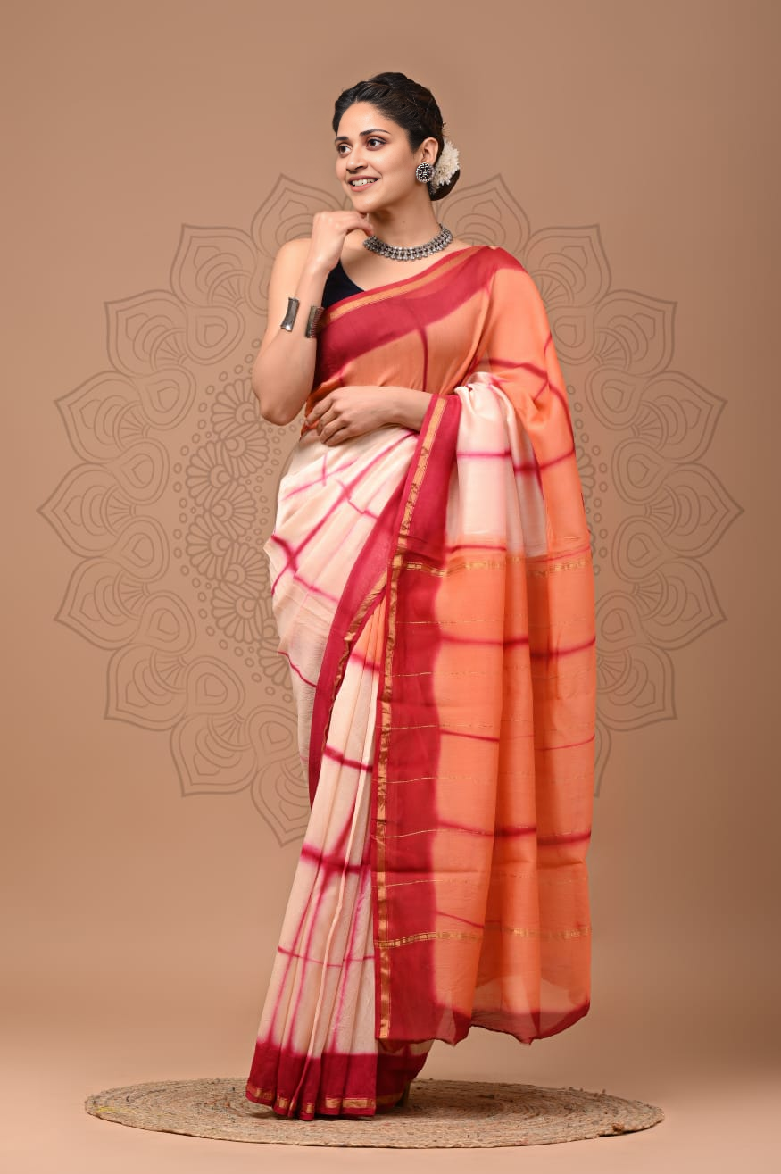 Elegant Peach & Maroon hand block printed chanderi silk Saree