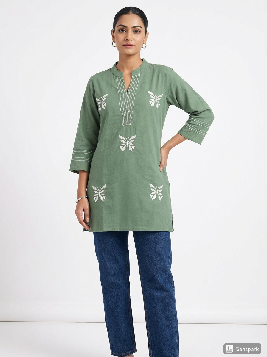 Green Embroidered Cotton Kurti short