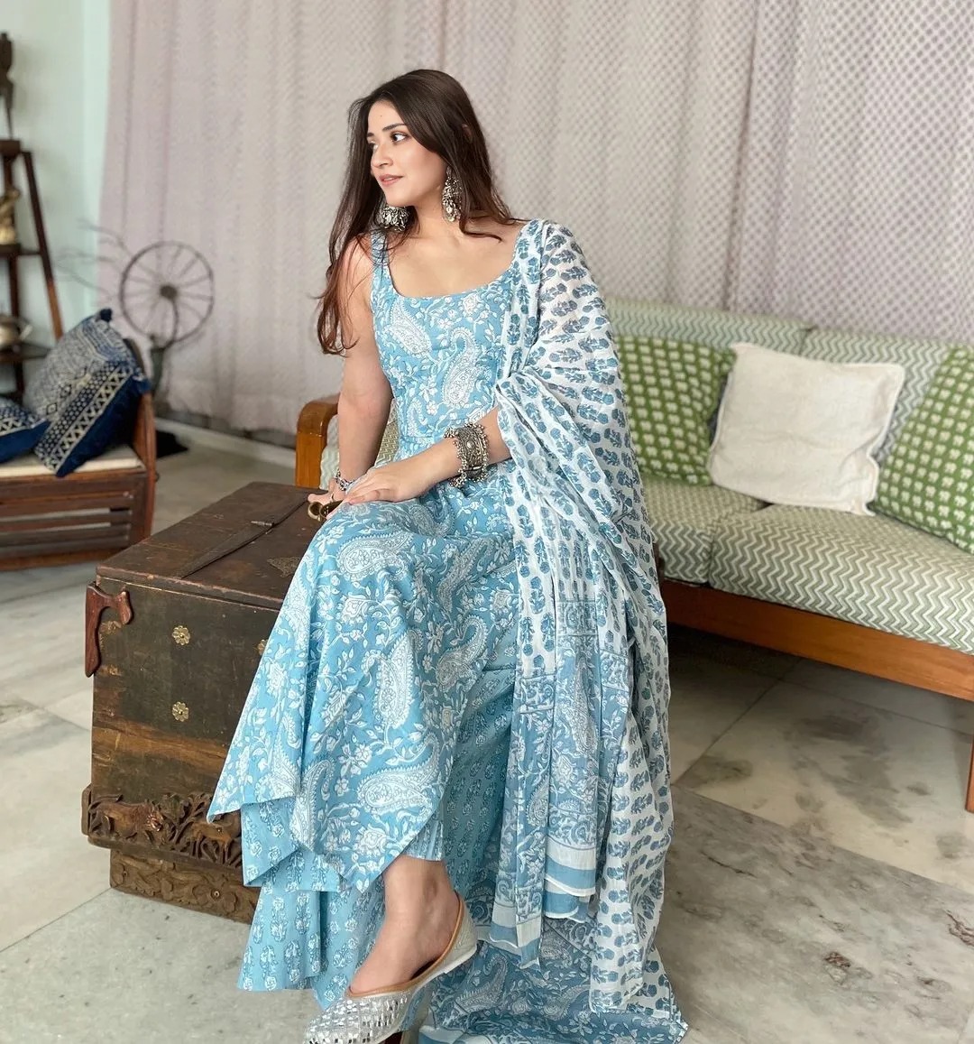 Blue Printed Cotton Kurta Set