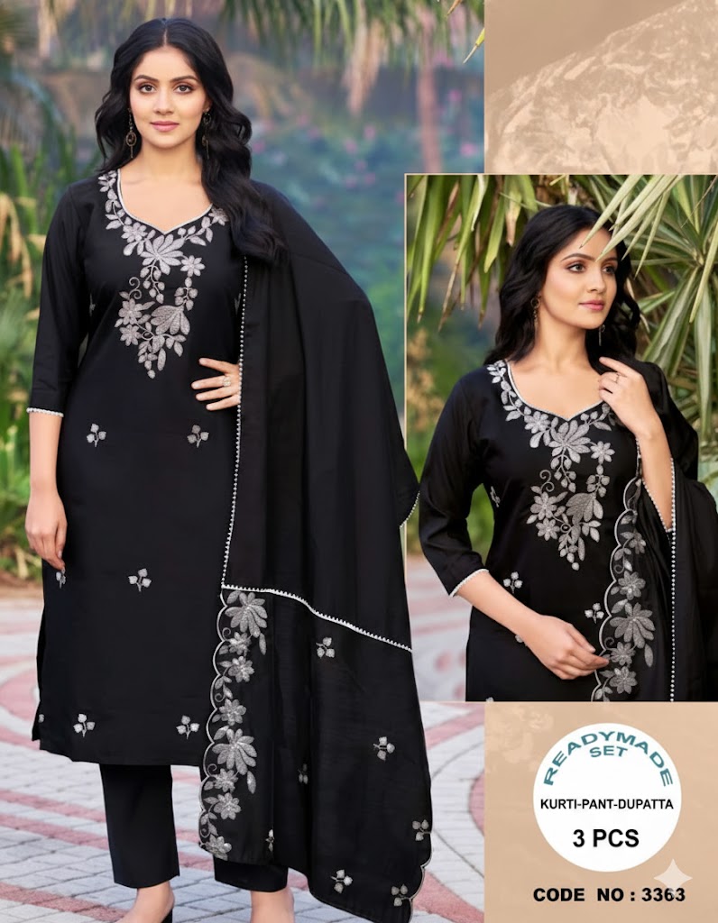 Embroidered Black Silk Kurti Set