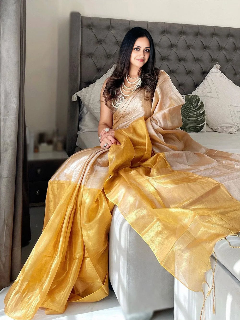 Golden Yellow tissue silk Saree