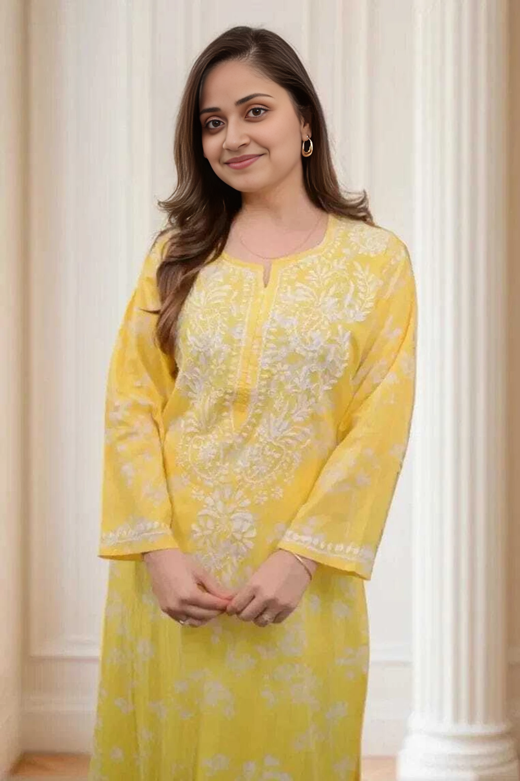 Yellow Floral Embroidered Kurti cotton