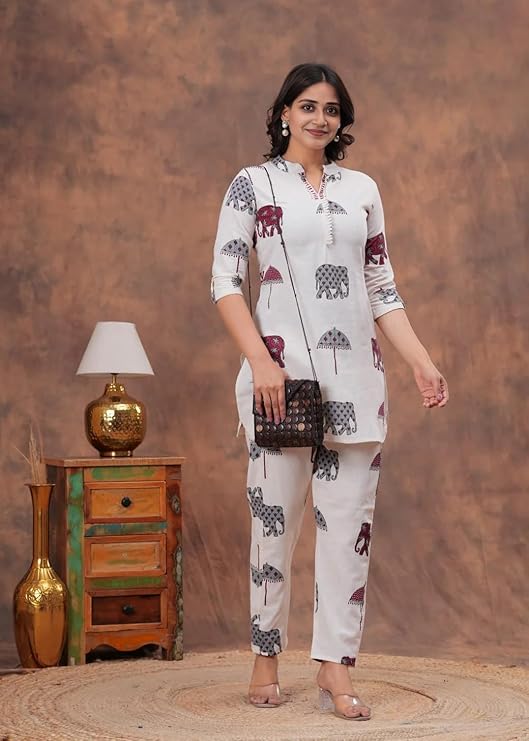 Elephant Print Cotton Kurta Set