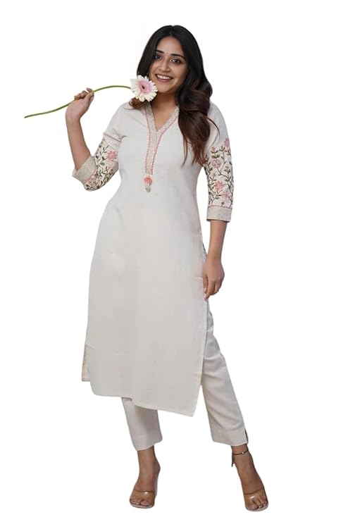 Embroidered Cream Khadi cotton Kurti Set