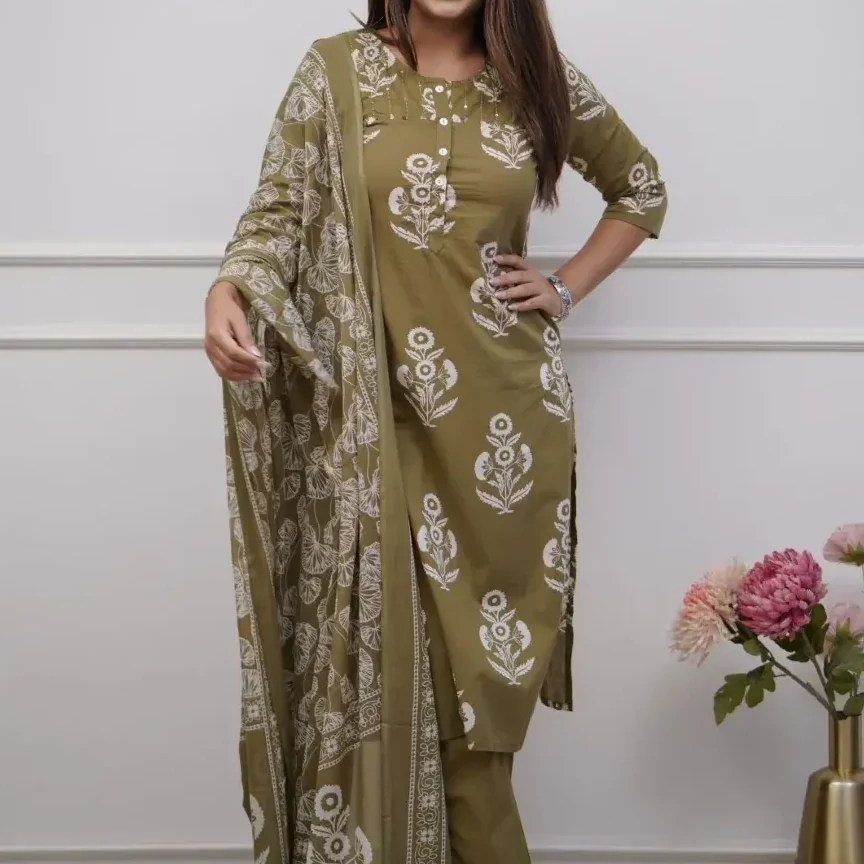 Light Brown Printed Cotton Kurti Set