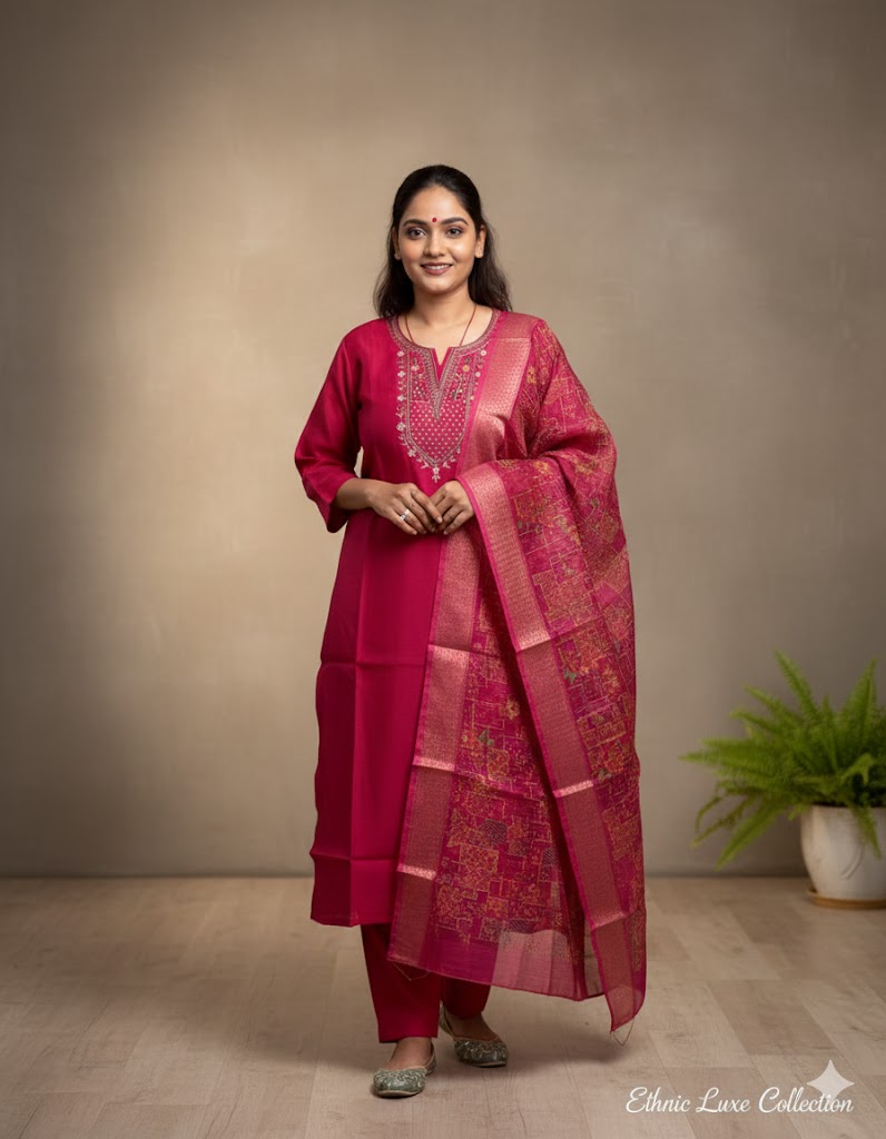 Pink Embroidered silk Kurta Set