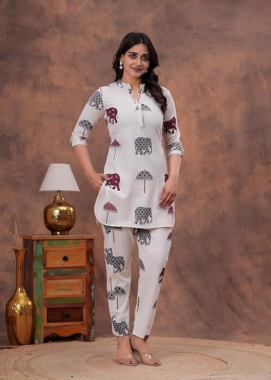 Elephant Print Cotton Kurta Set