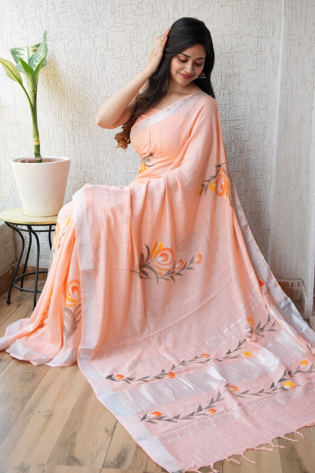 Peach Floral Linen Cotton Saree