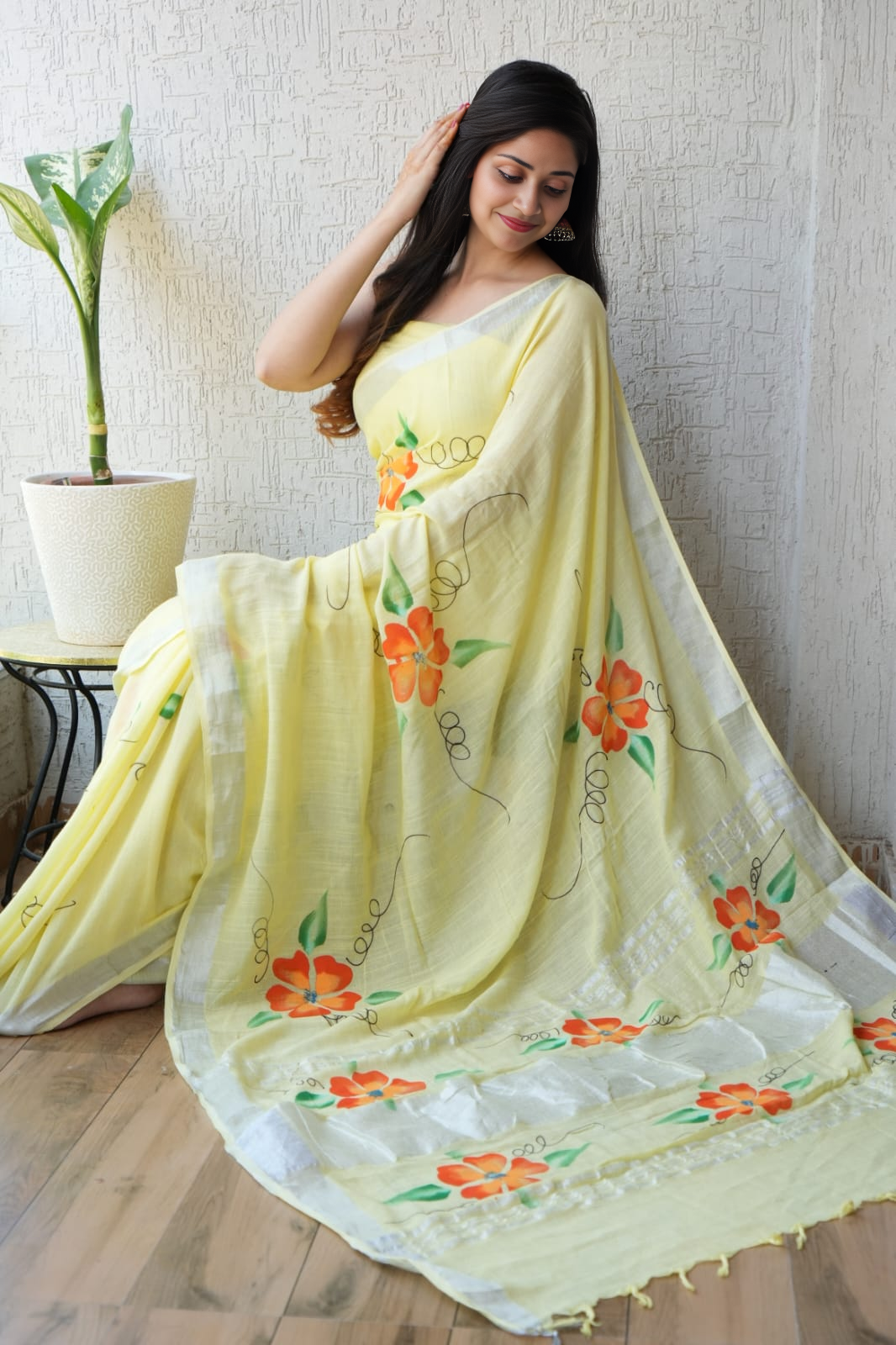 Elegant Yellow Floral Linen Saree