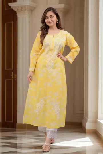 Yellow Floral Embroidered Kurti cotton