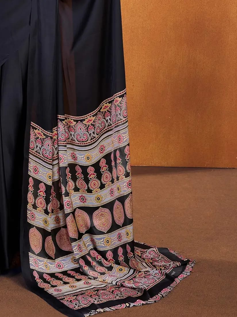 Elegant Black Ajrak Printed Satin Saree