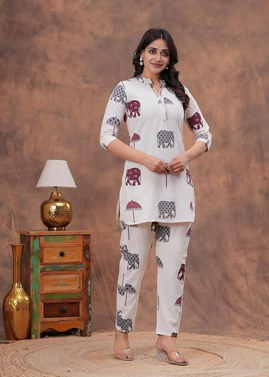 Elephant Print Cotton Kurta Set
