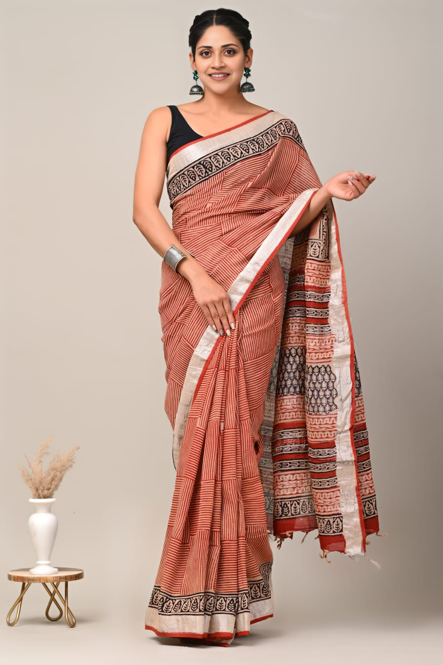 Rust Handloom Linen Cotton Saree