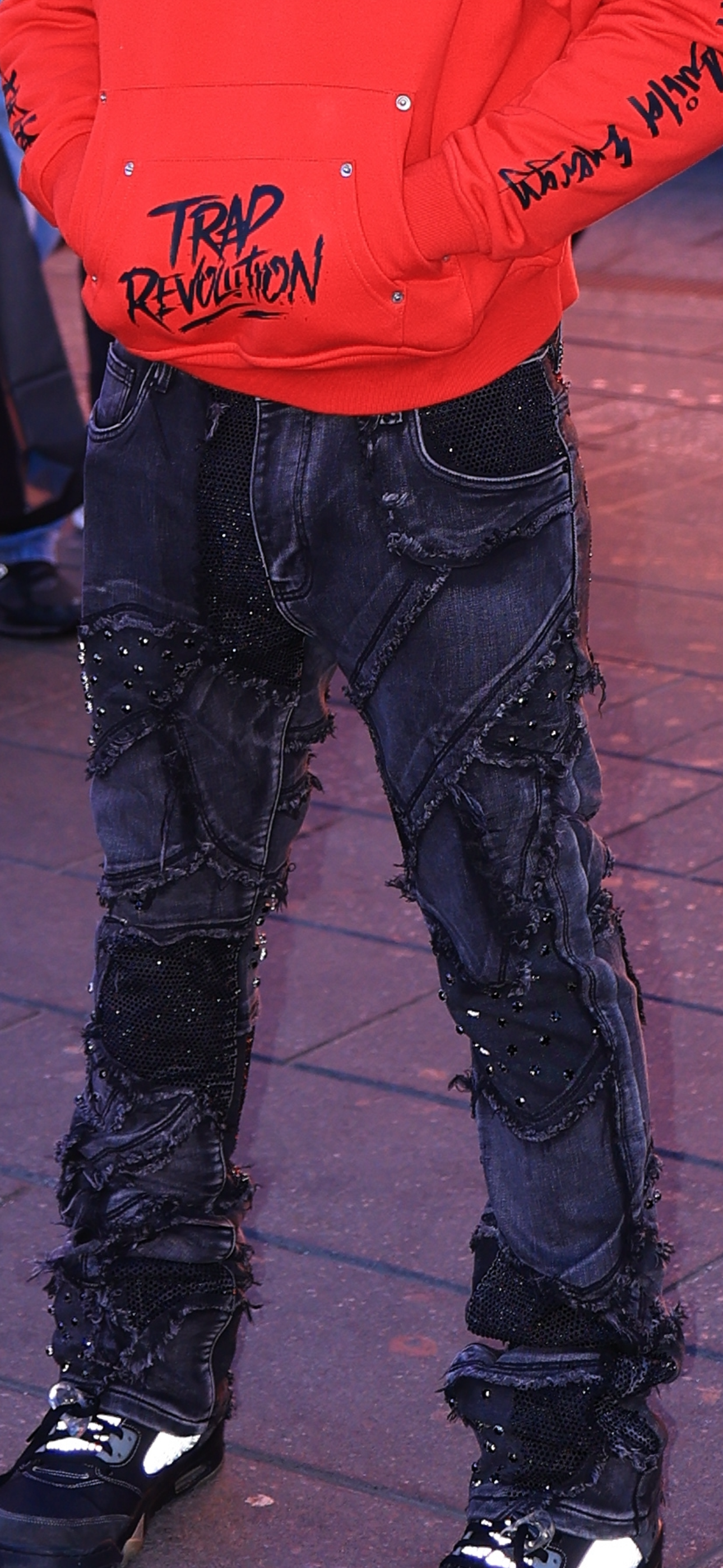 Distressed Patchwork Black Rhinestone Stack Flare Urban Jeans 