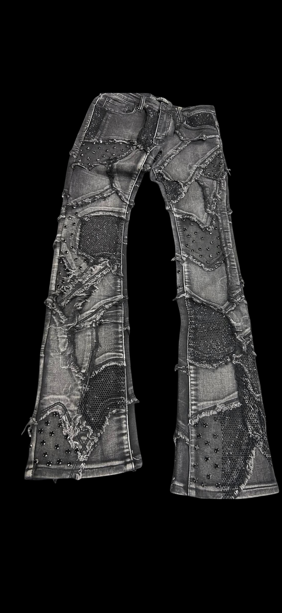 Distressed Patchwork Black Rhinestone Stack Flare Urban Jeans 