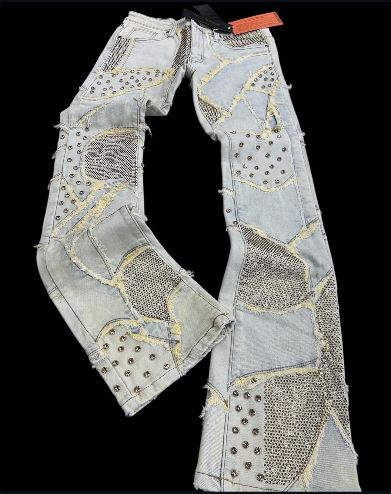 Light Blue Distressed Patchwork Rhinestone Stack Flare Urban Jeans 