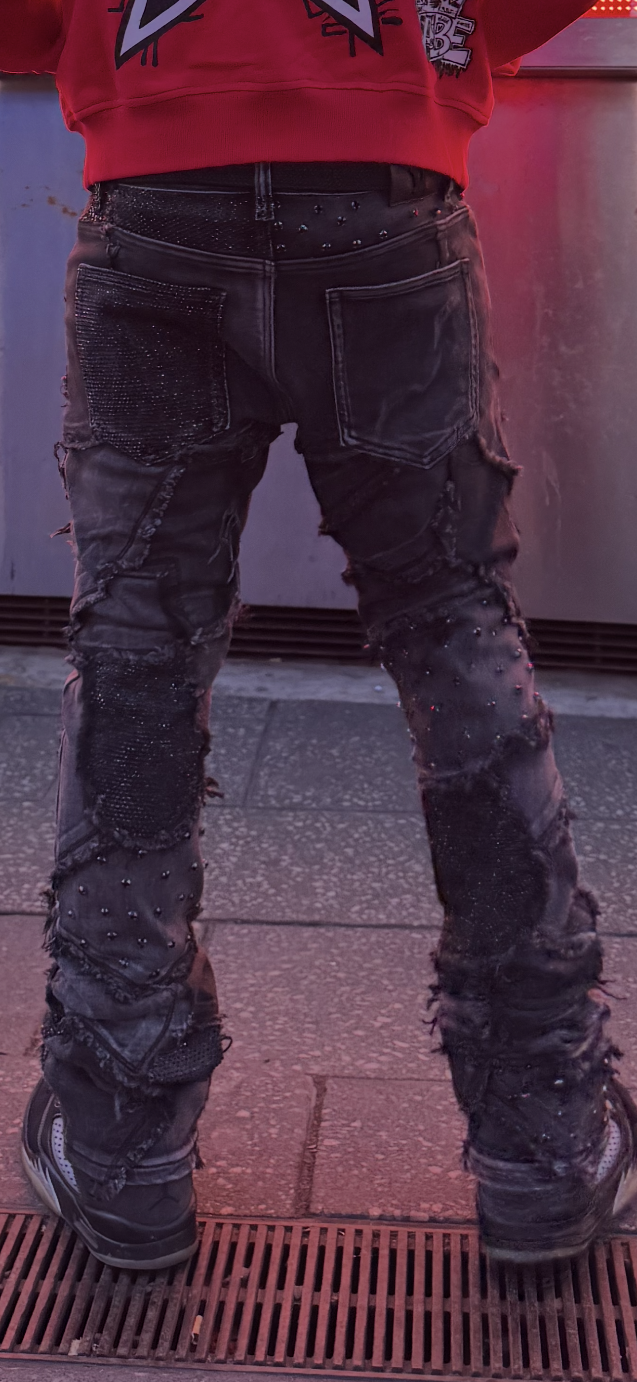 Distressed Patchwork Black Rhinestone Stack Flare Urban Jeans 