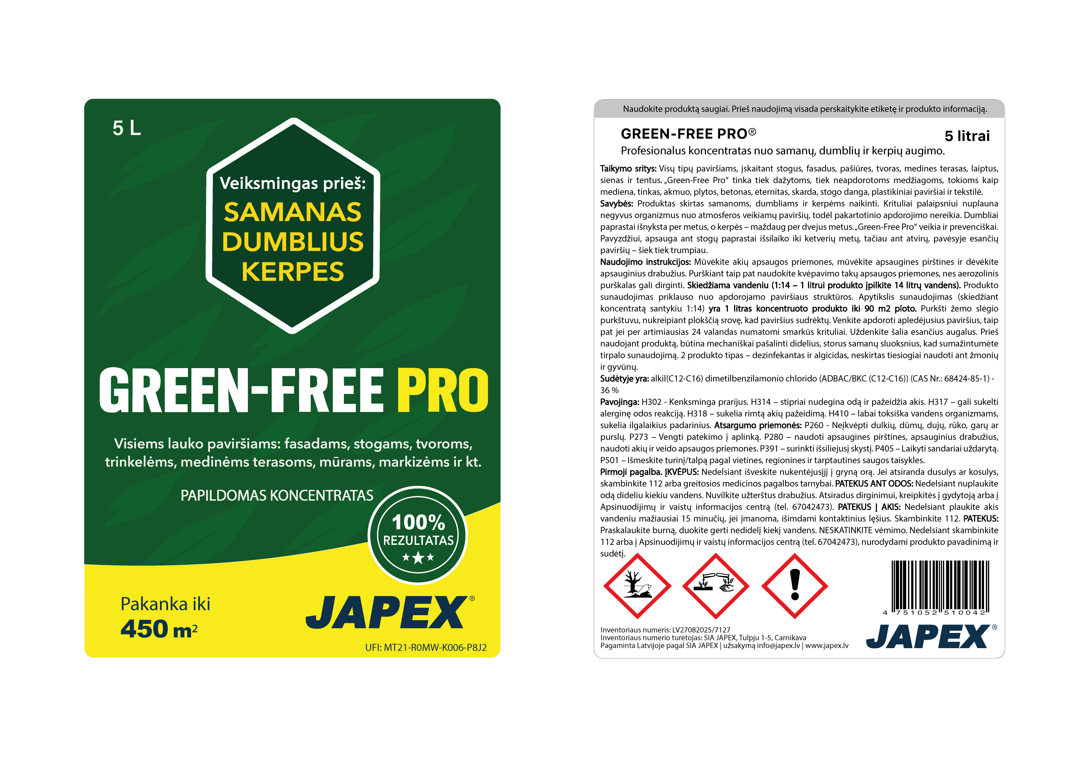 GREEN FREE PRO 5L koncentratas veiksmingas prieš samanas, kerpes, dumblius. 