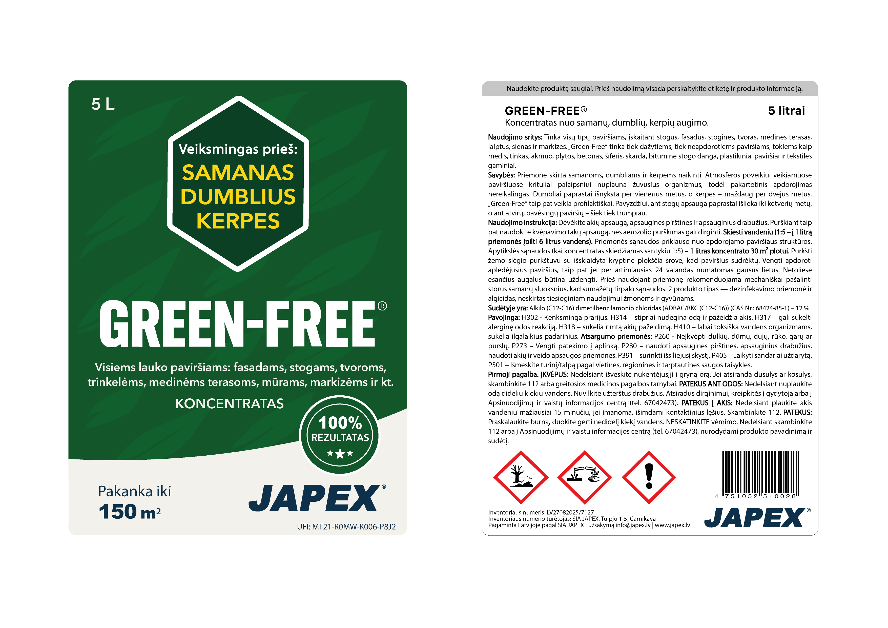 GREEN-FREE 5 litrų koncentratas nuo samanų, dumblių, kerpių augimo ( 150 m2 )