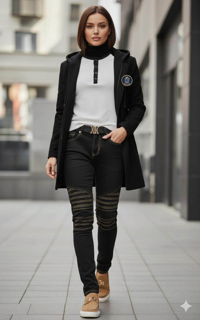 Member's Luxury Lady's Black & Gold Buttons Wool Overcoat/Smart Shirt/Trousers/Belt/Shoes - Complete Lady's Outfit