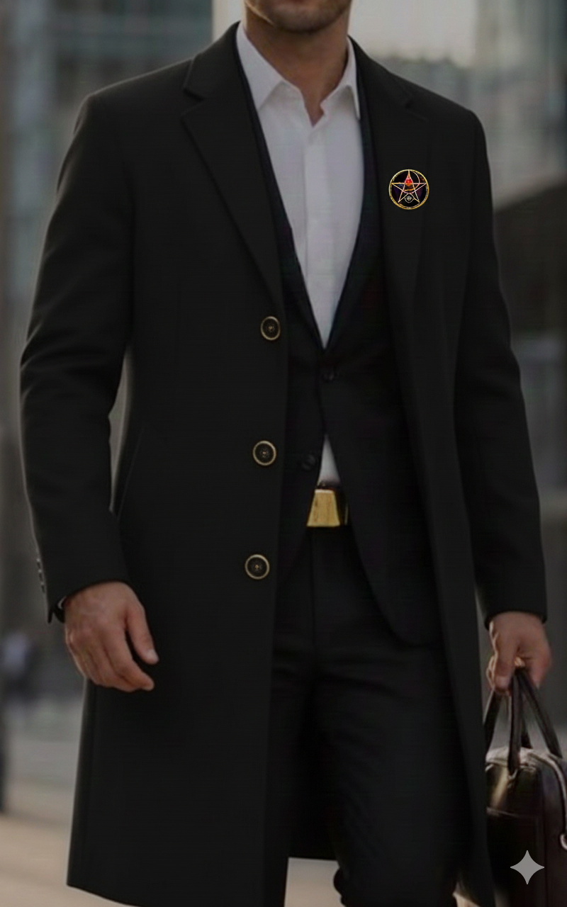 Men's Classic Black Overcoat with White Shirt, Black Trousers, Gold Buckle Belt and Gent Shoes Outfit  