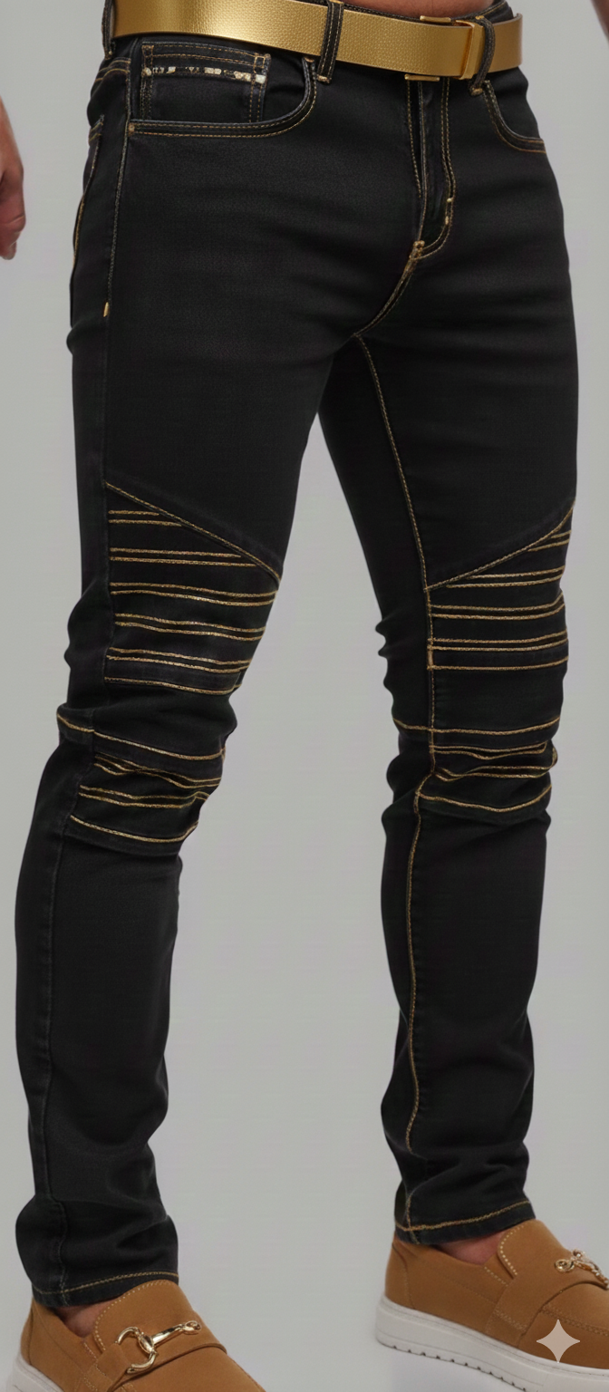 Black & Gold Stitch Biker Jeans & Gent Shoes 