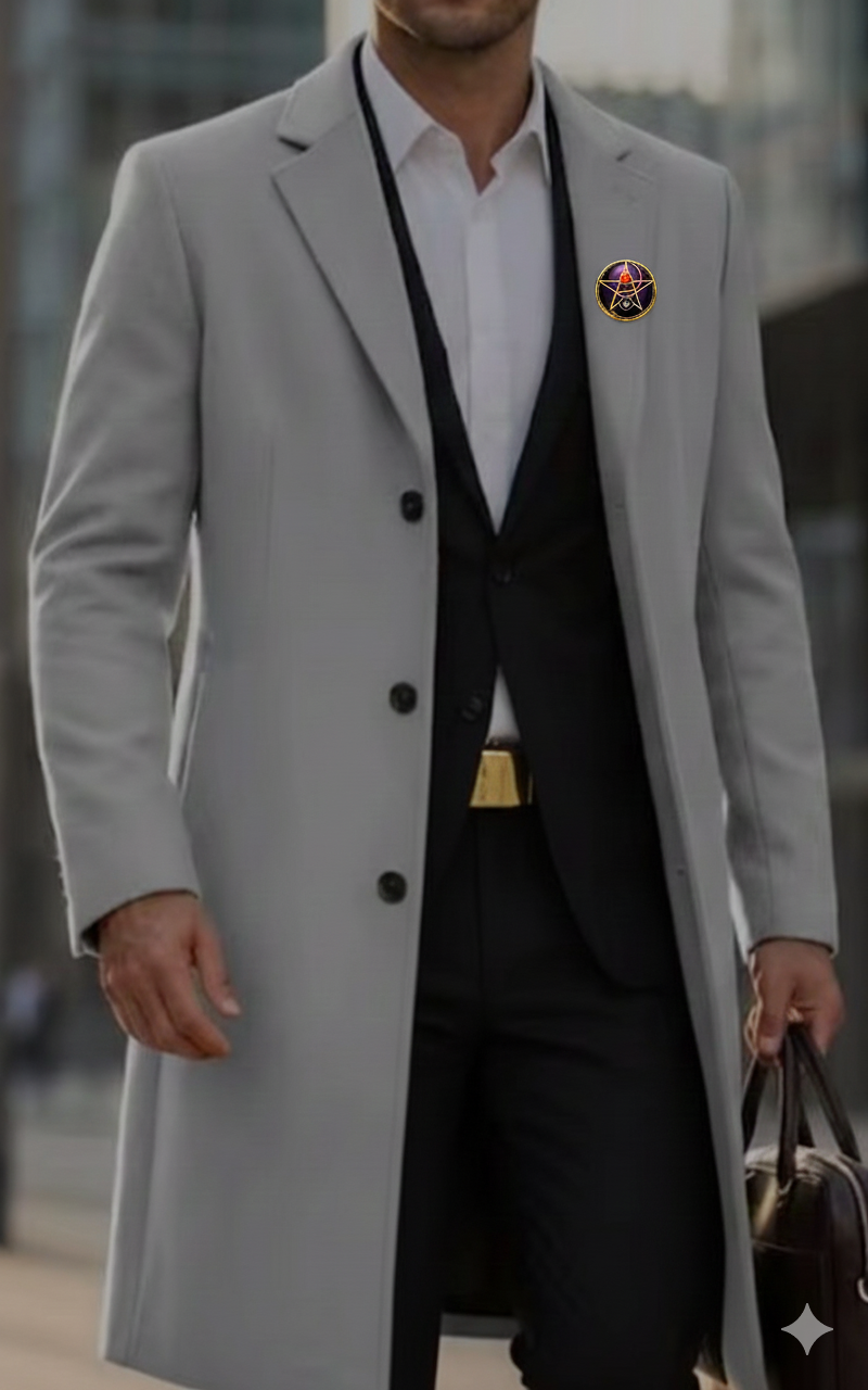 Men's Modern Light Grey Overcoat with Gold Buttons, Waist coat, White Shirt, Black Trousers, Gold Belt Buckle and Gent Shoes 