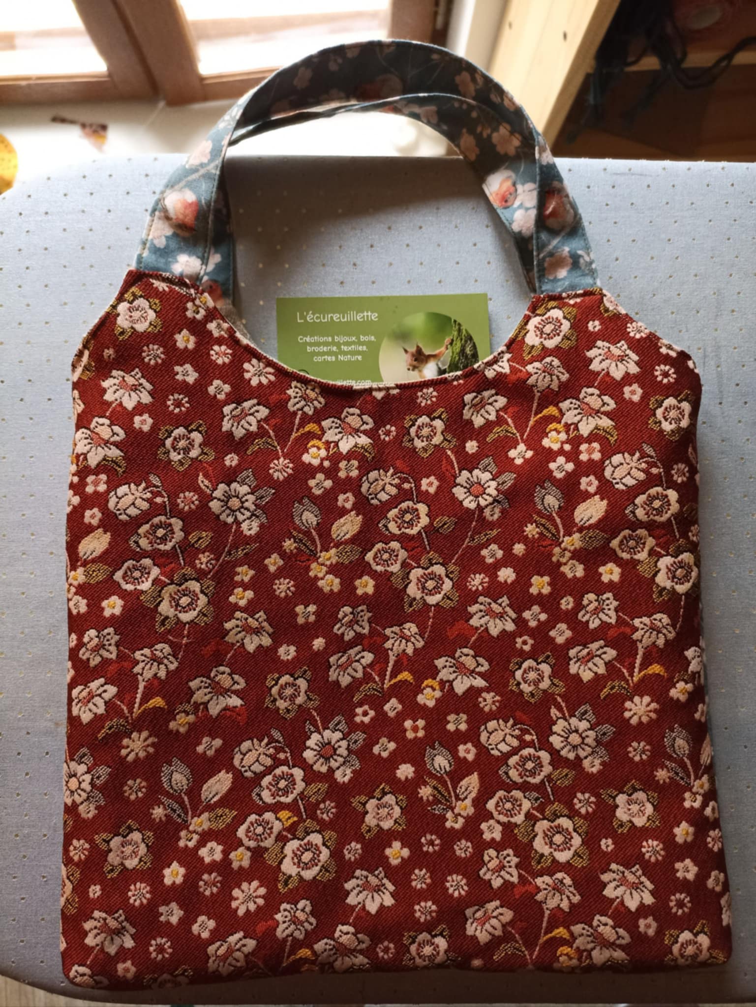 Sac en tissu fait main, tissu coton rouge-gorge, tissu jacquard fleurs