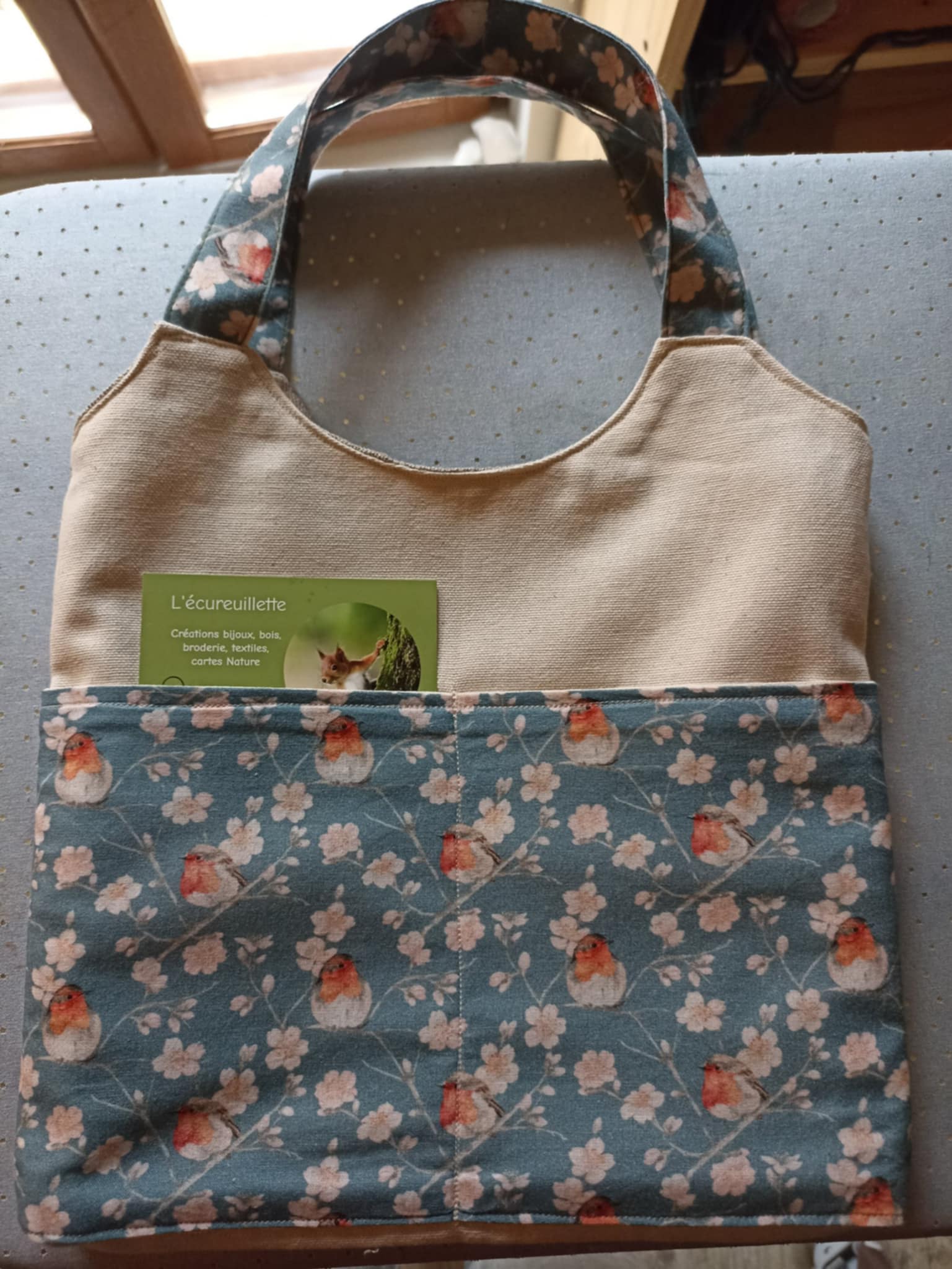 Sac en tissu fait main, tissu coton rouge-gorge, tissu jacquard fleurs