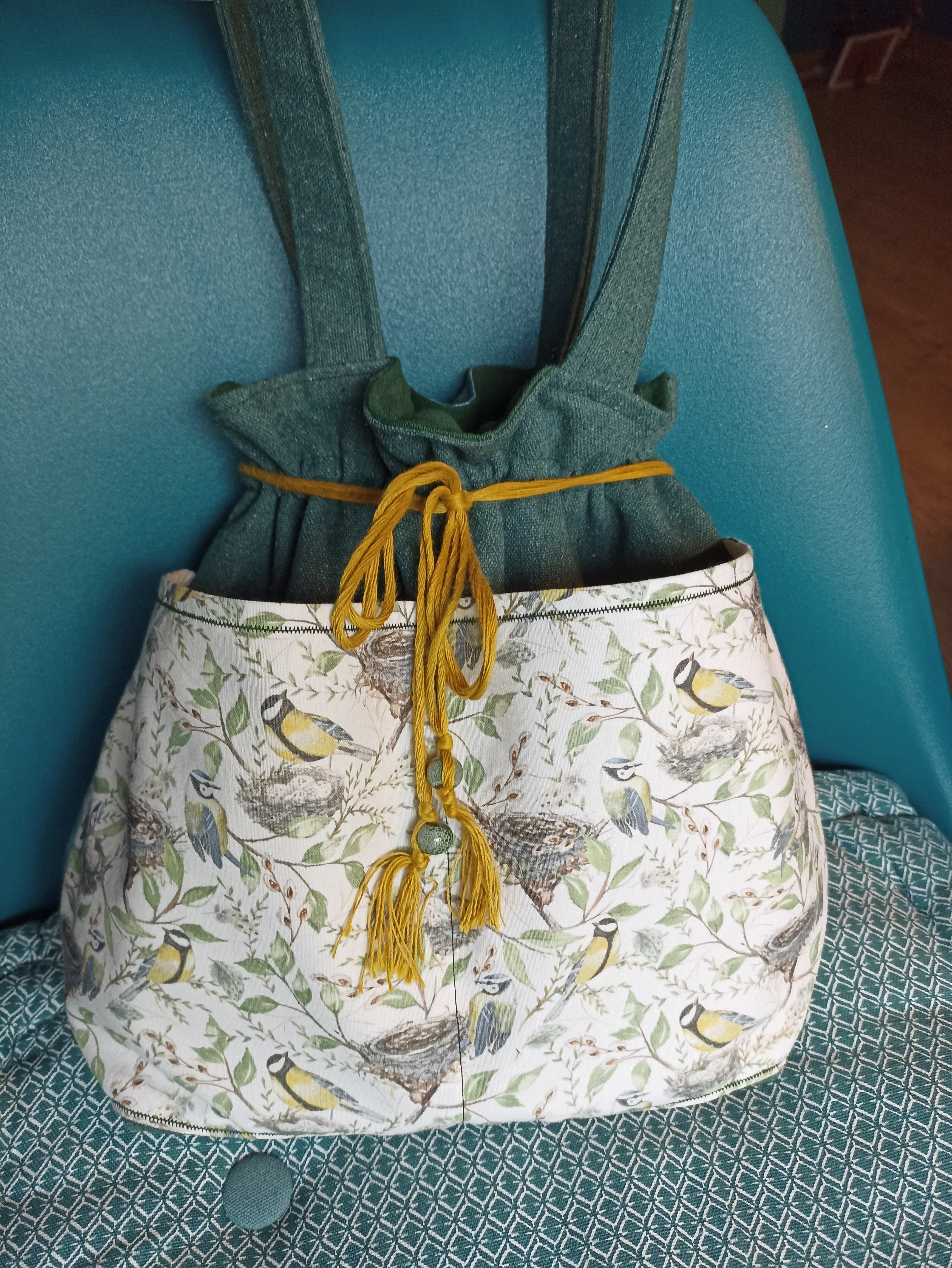 Sac tissu fait main, tissu oiseaux, mésanges, printemps