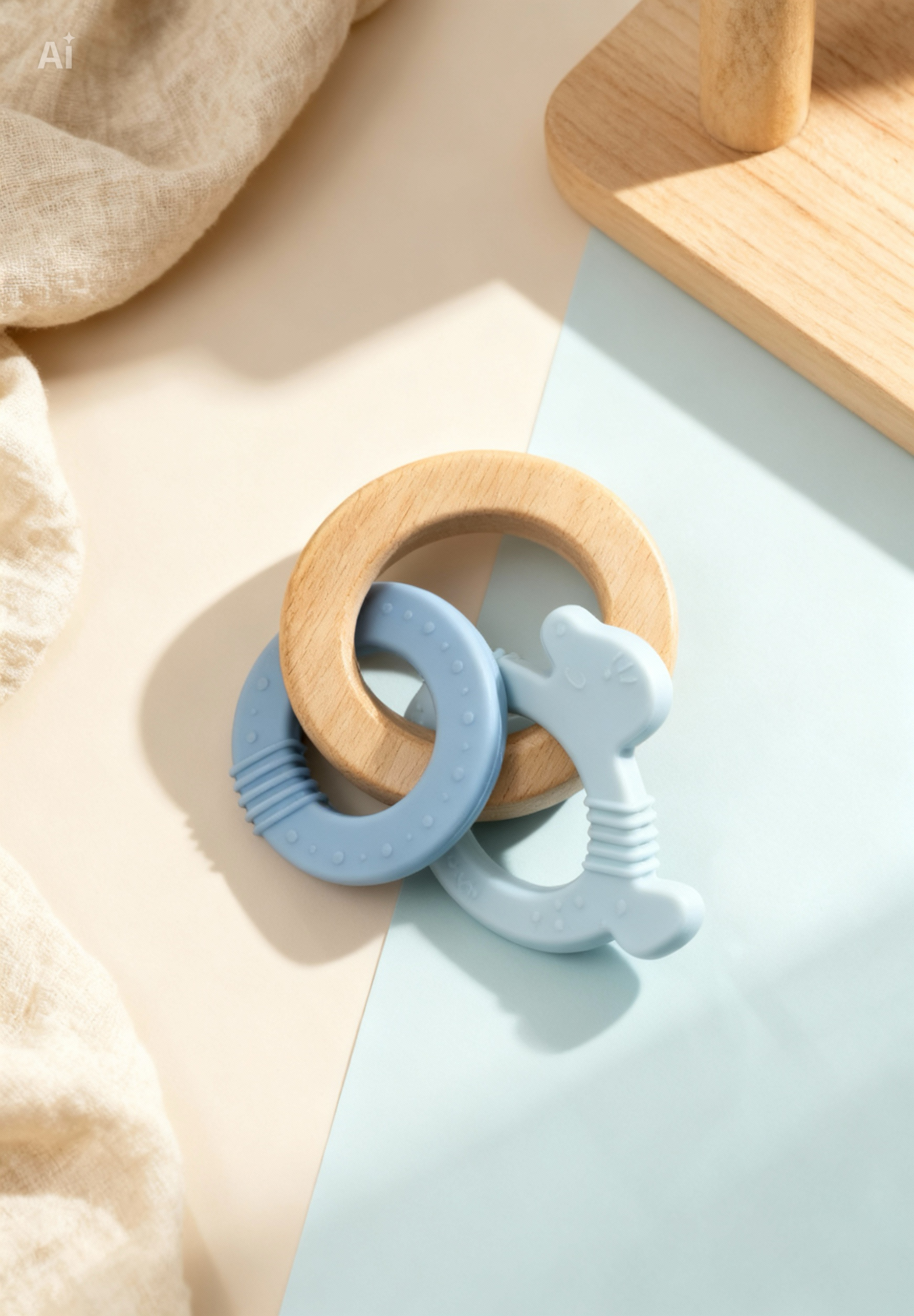 Wooden & Silicone Teething Ring, Blue, 1 pc