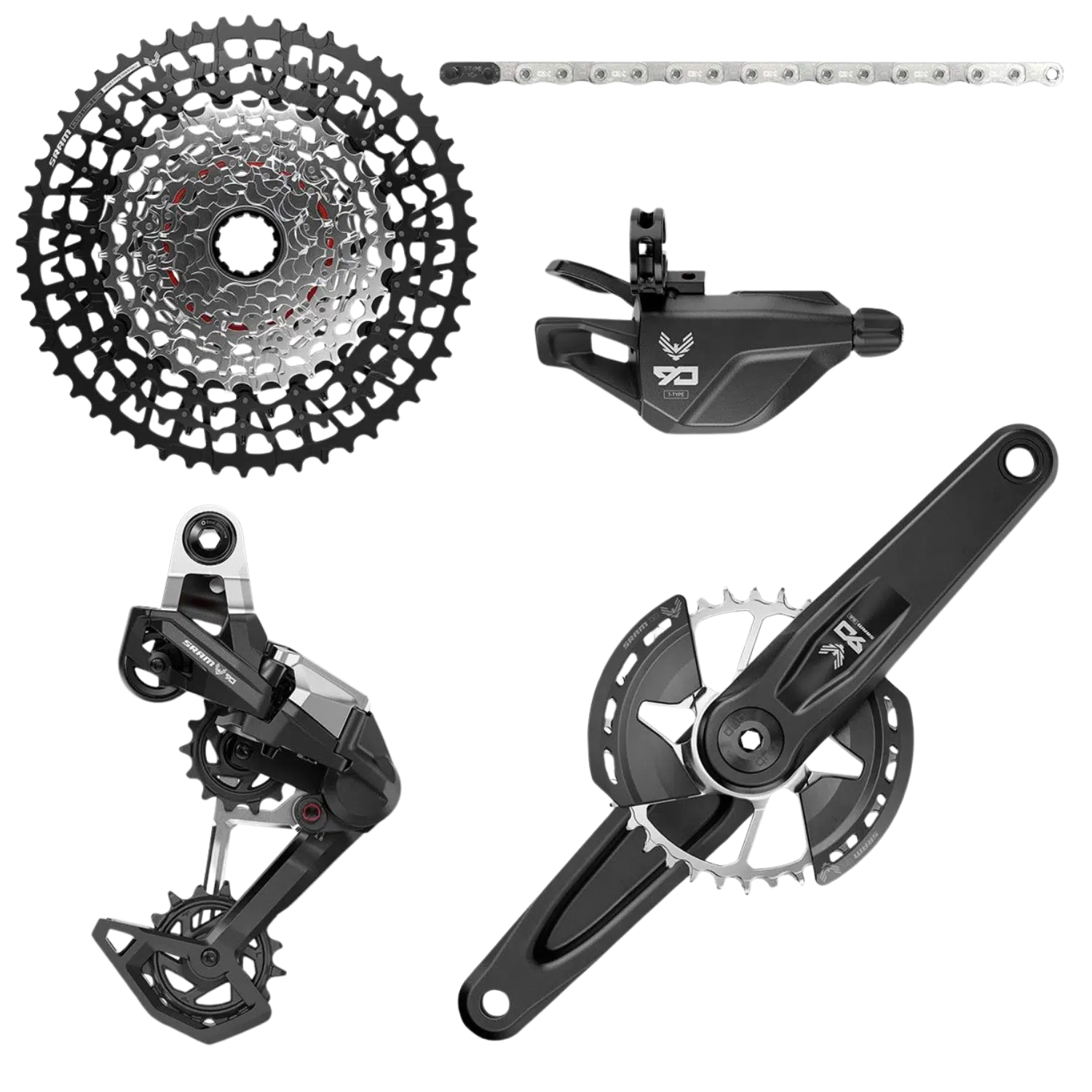 Grupo de Transmisión SRAM 90 Eagle T-Type 12 vel, (Biela 165mm, Hoja 32t,10-52t Cassette, Cambio, Cadena)