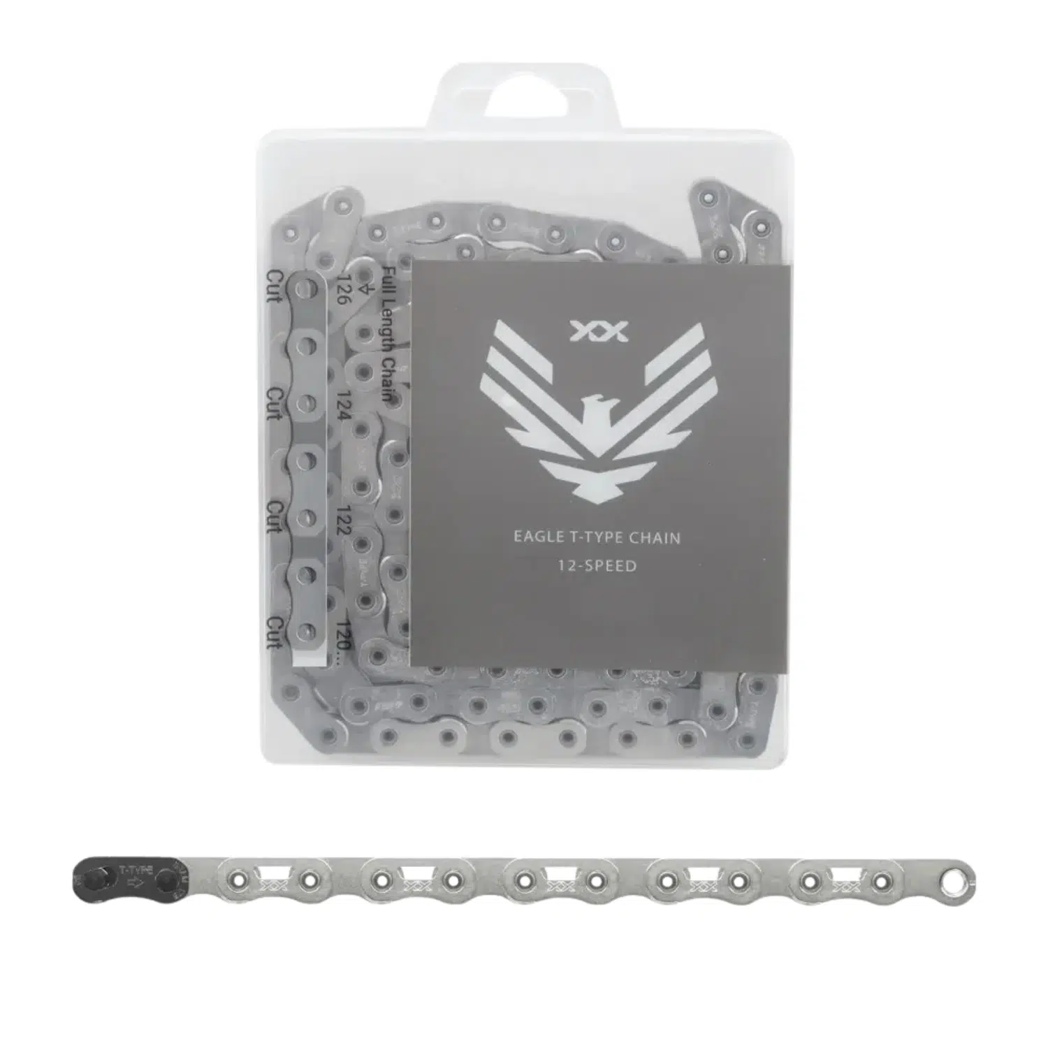 Cadena XX Eagle 12V T-Type Flattop, 126 Links, Hollow Pin + Conector PowerLock, revestimiento en PVD, Plata