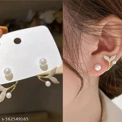 Pearl and Rhinestone Whale Tail Earrings
