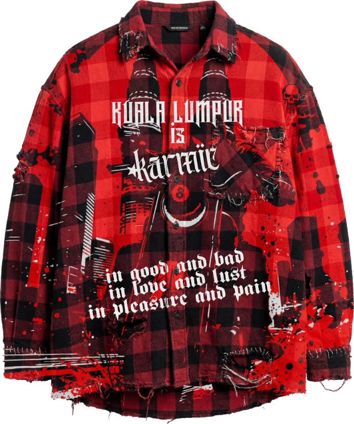 "KL IS KARMIC" OVERSIZED RED FLANNEL SHIRT