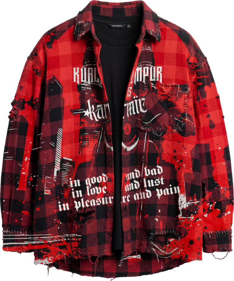 "KL IS KARMIC" OVERSIZED RED FLANNEL SHIRT