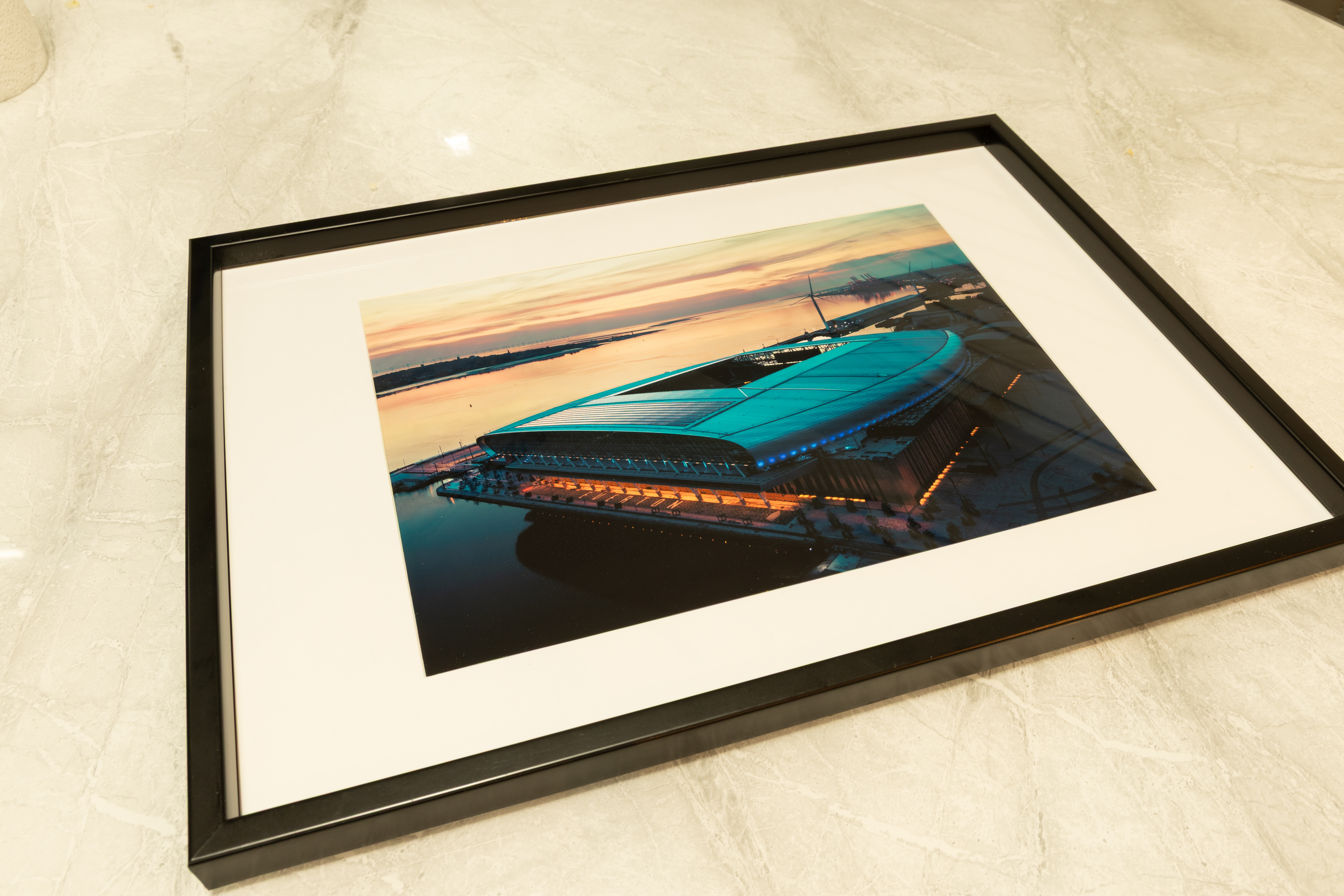 Everton FC Hill Dickinson Stadium Sunset – A4 Fine Art Print, Black Frame with White Mount | Clearance