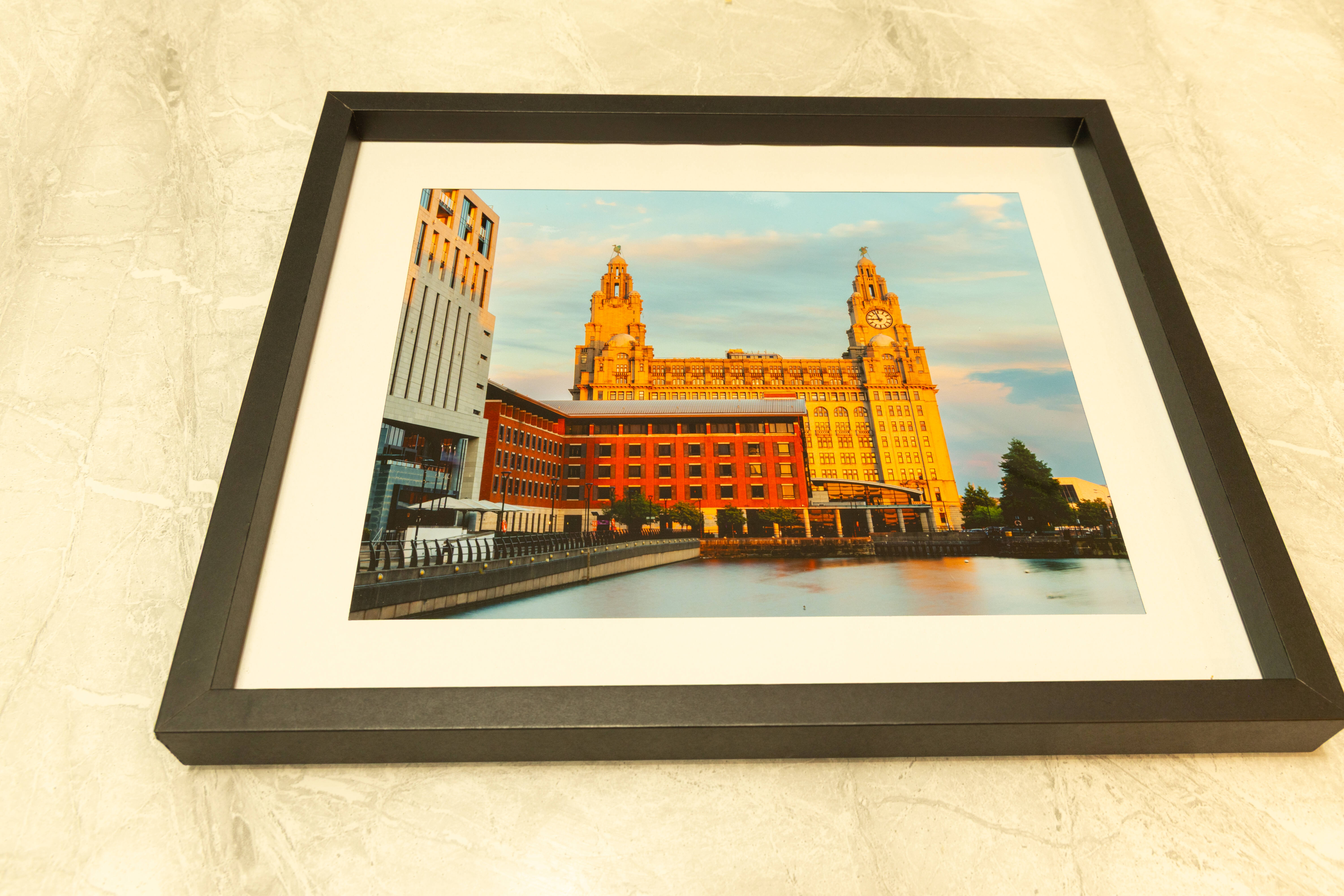 Ready-Made Framed Print: Liverpool Waterfront & Royal Liver Building – 10" x 8", Black Frame with White Mount