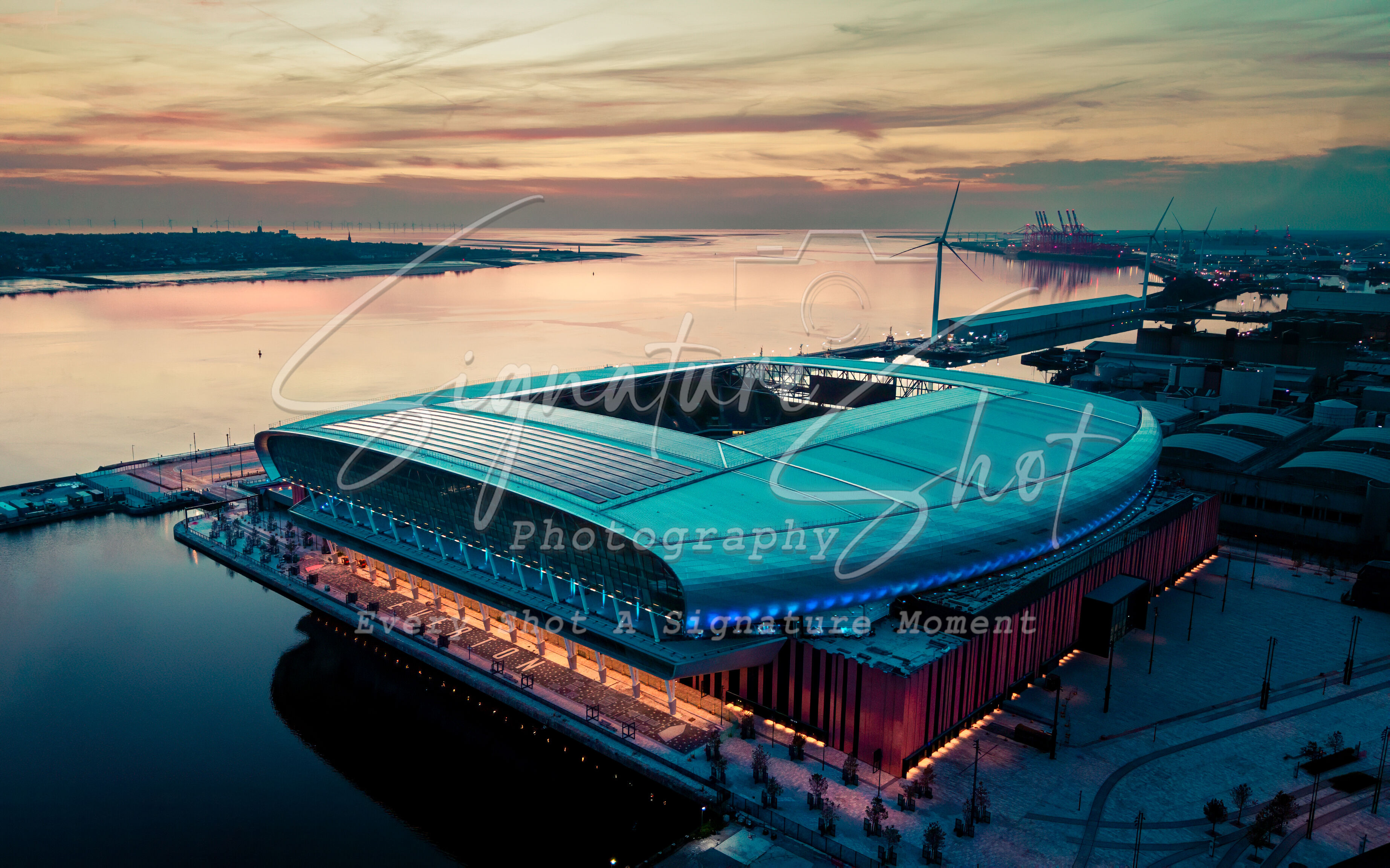 Everton FC Hill Dickinson Stadium Sunset – A4 Fine Art Print, Black Frame with White Mount | Clearance