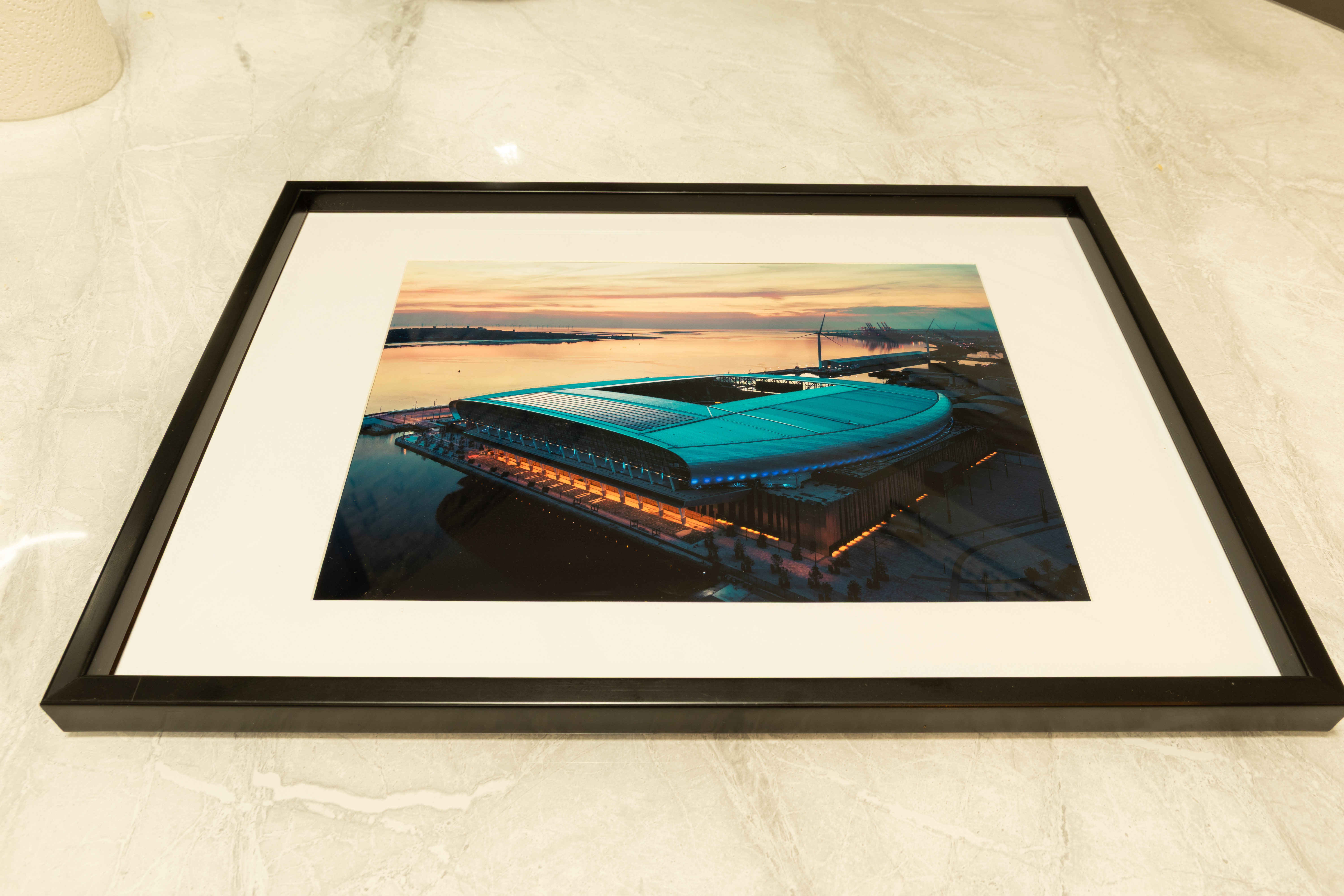 Everton FC Hill Dickinson Stadium Sunset – A4 Fine Art Print, Black Frame with White Mount | Clearance