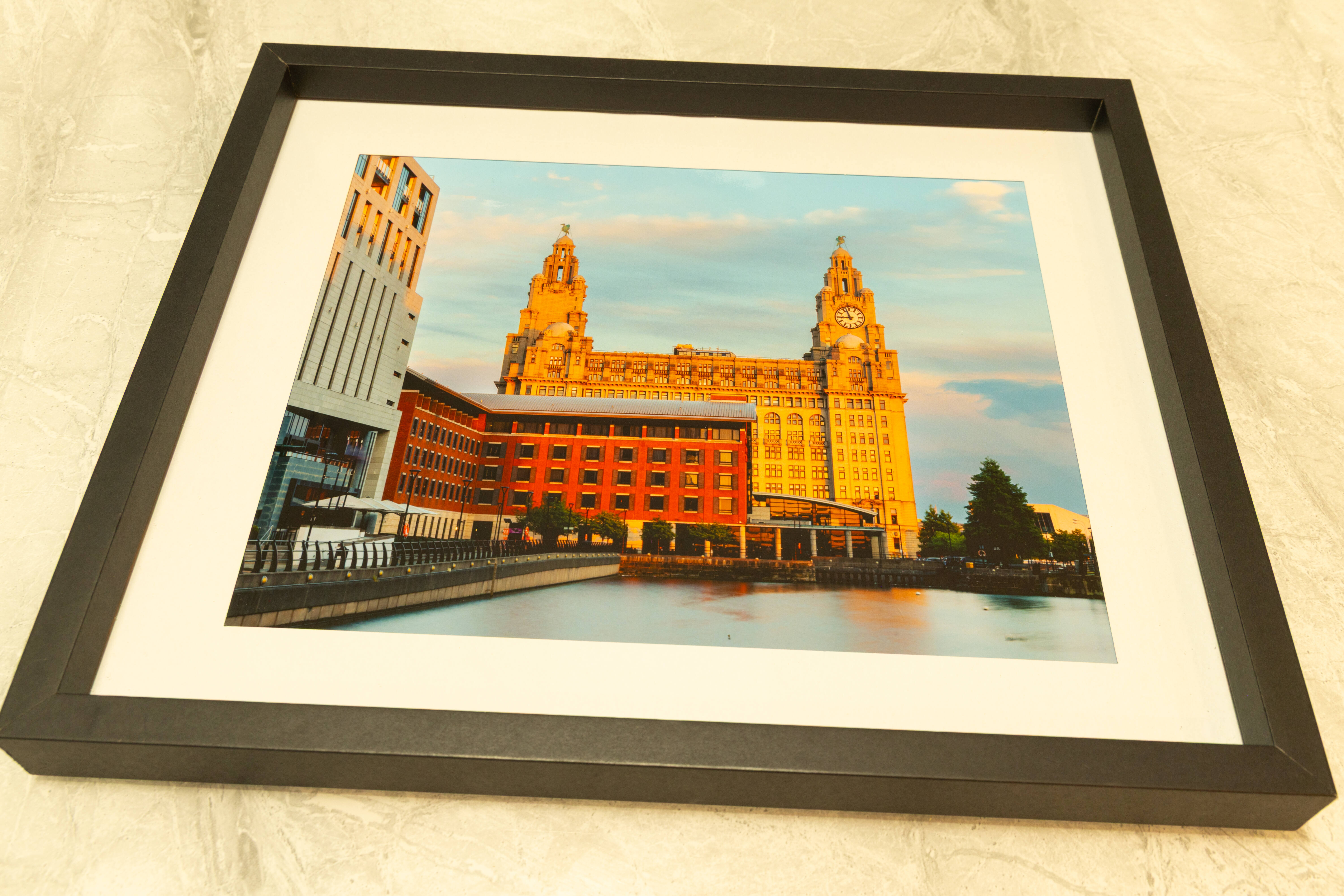 Ready-Made Framed Print: Liverpool Waterfront & Royal Liver Building – 10" x 8", Black Frame with White Mount