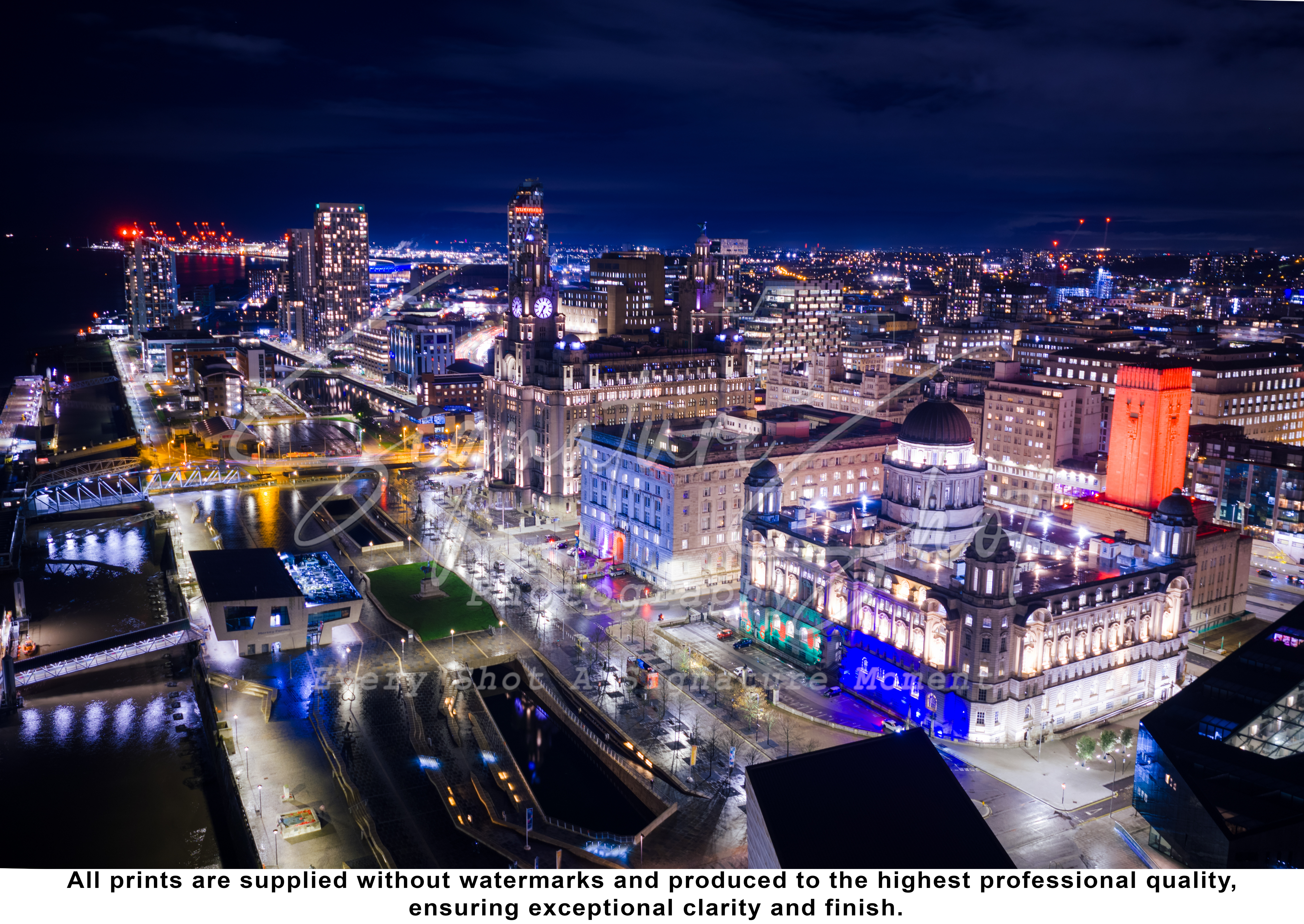 Aerial View Of Liverpool Pier Head At Night | Cityscape Print