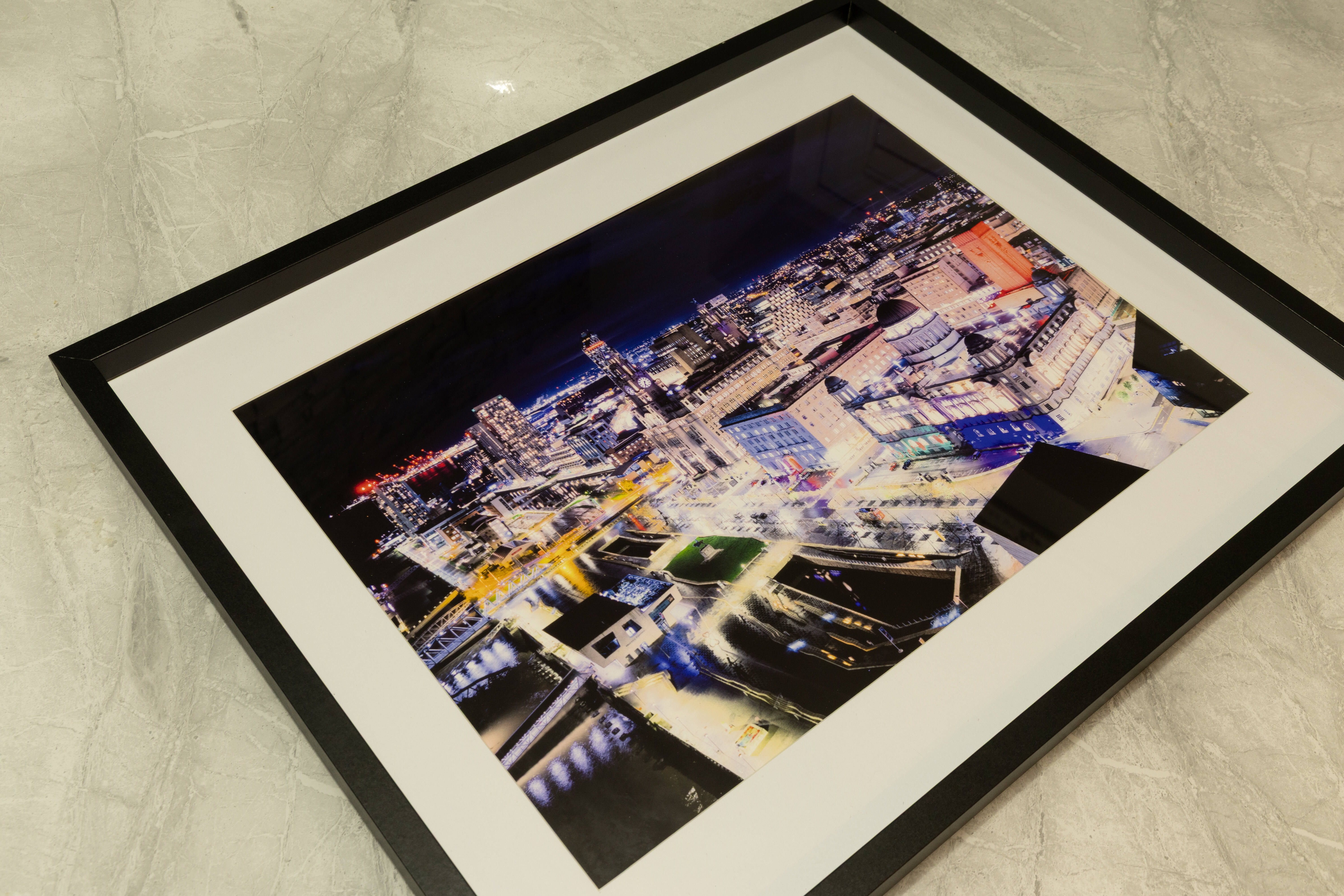 Liverpool Pier Head Vibrant Night Scene | Fine Art Framed A3 Print