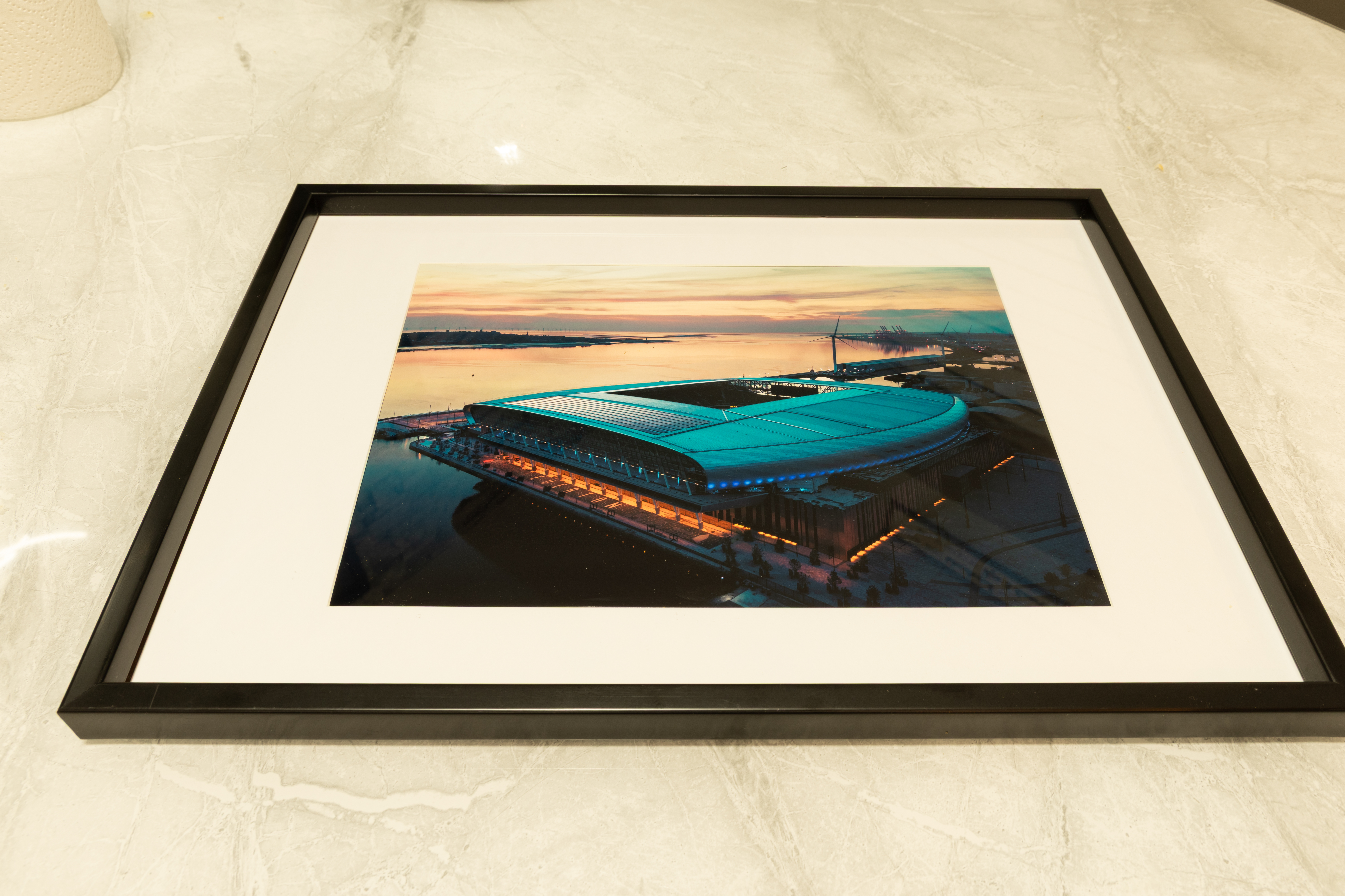 Everton FC Hill Dickinson Stadium Sunset – A4 Fine Art Print, Black Frame with White Mount | Clearance