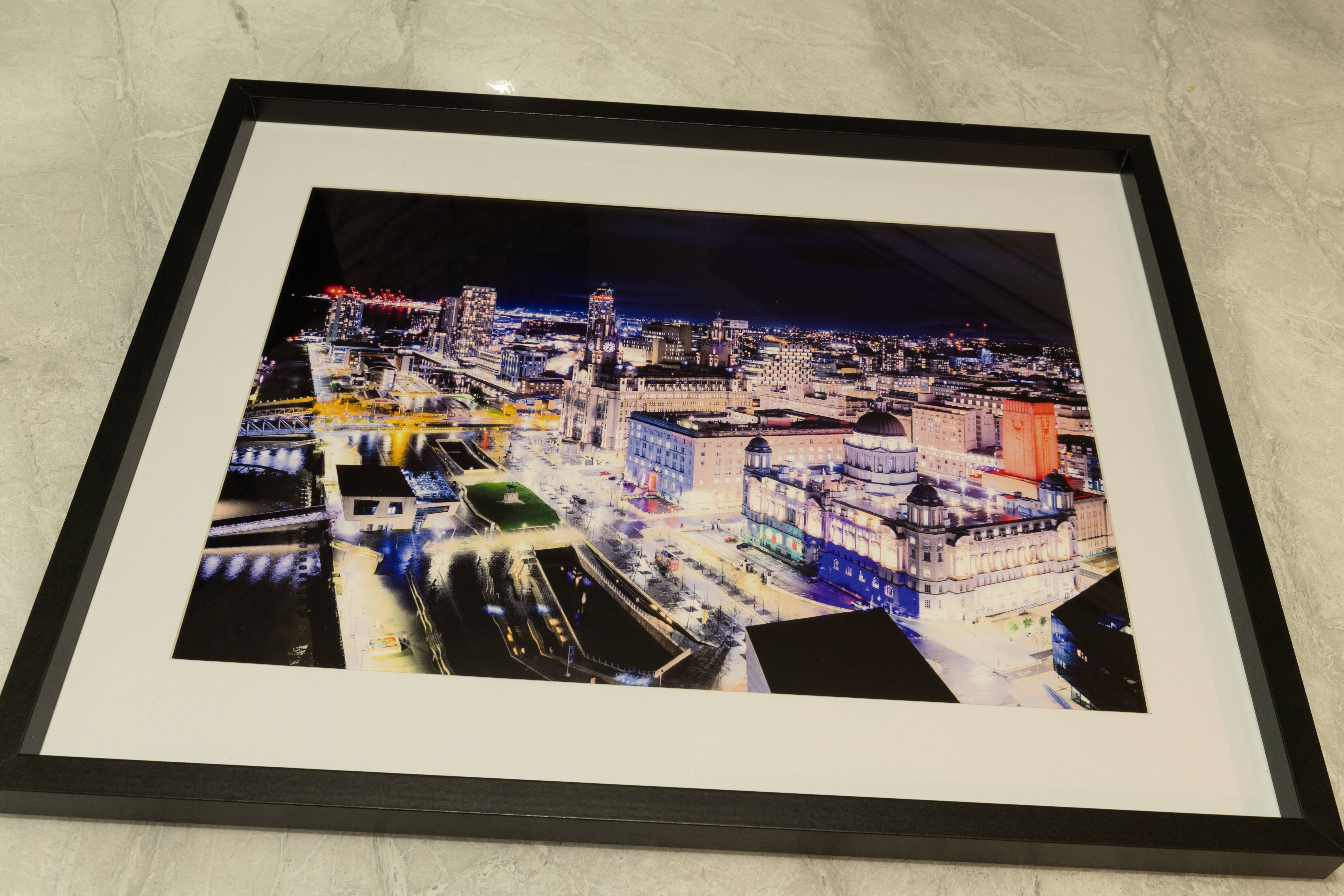 Liverpool Pier Head Vibrant Night Scene | Fine Art Framed A3 Print